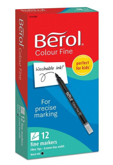 Berol filtspiss fargetusjer, tynn spiss (0,6mm), vaskbar, sort, eske med 12 stk. Berol filtspiss fargetusjer, tynn spiss (0,6mm), vaskbar, sort, eske med 12 stk.