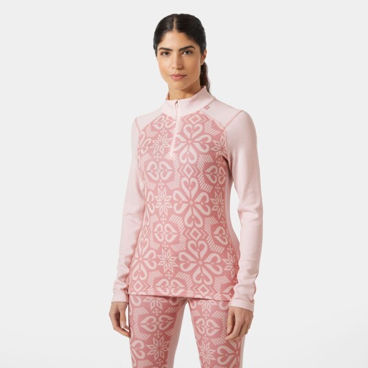 Helly Hansen Dame Lifa Merino Mellomvekt Undertrøye Med Halv Glidelås Og Mønster Rosa XL