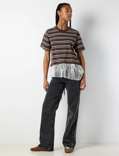NOISY MAY Nmember Ss Stripe Lace Top Brown XS
