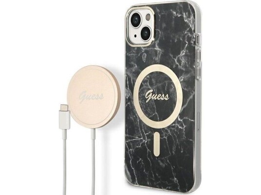 Guess Bundle Pack MagSafe IML Marble - Deksel + MagSafe Lader iPhone 14 (svart/gull)