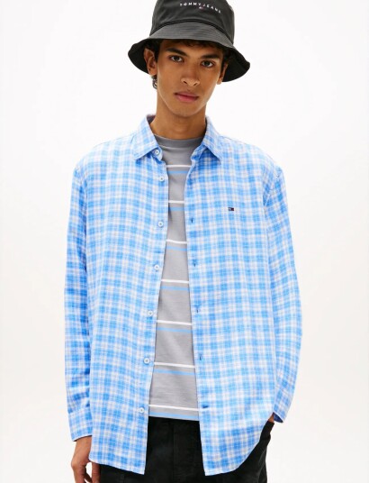 Tommy Jeans Tjm Rlx Linen Blend Check Shirt Blue S