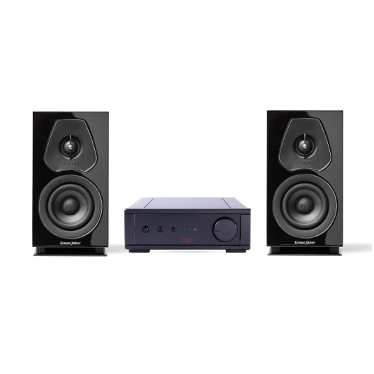 Sonus Faber Lumina I og Rega io Stereopakke med høyttalere i sort piano Sonus Faber Lumina I og Rega io Stereopakke med høyttalere i sort piano