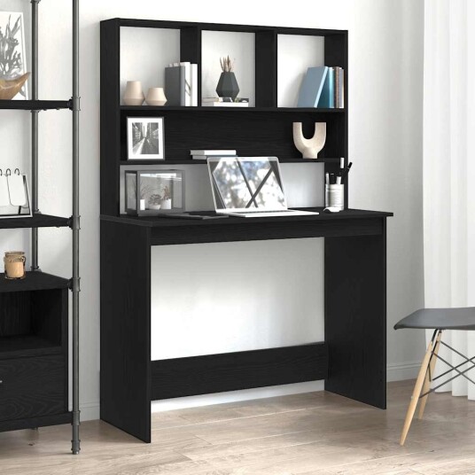  Skrivebord med hyller svart eik 102x45x148 cm konstruert tre