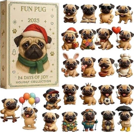 Julekalender 24 dager 2D akryl hund juletrepynt mops juletrepynt nedtellingskalender