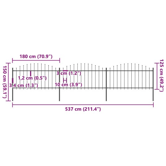 vidaXL Hagegjerde med spydtopp stål 1,25 1,5x5,1 m svart