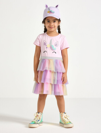Lindex Dress Ss Unicorn Face Mesh Ski Pink 92