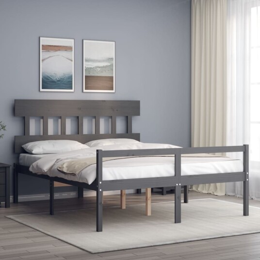 vidaXL Sengeramme med hodegavl grå 5FT King heltre