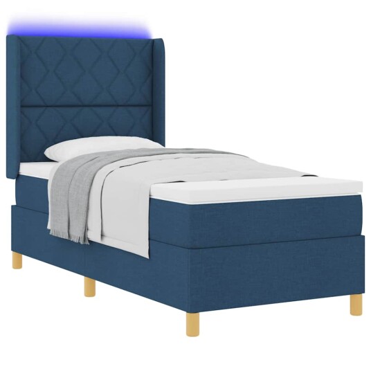 Box Spring Seng med Madrass & LED Blå 100x200 cm Stoff
