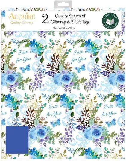 2 stk Just for You Blomstrete Gavepapir med 2 stk Navnelapper 50x70cm