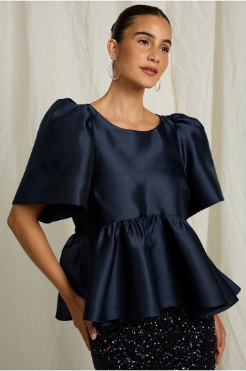 Joelle - Satengbluse med peplum - Blå