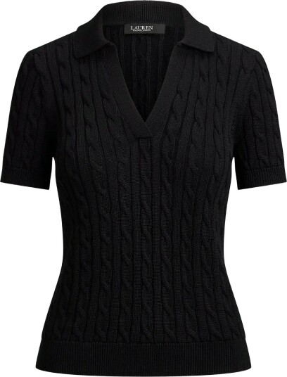 Lauren Ralph Lauren Cable Cotton Blend Short Sleeve Sweater BLACK L
