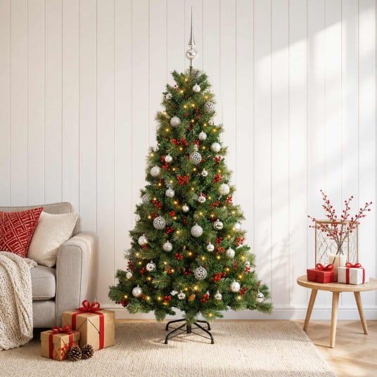 vidaXL Kunstig juletre med julekuler 120 cm 150 LED-lys Varmhvit