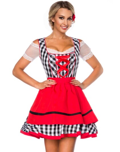 Rutete Svart og Hvit Dirndl Oktoberfestkostyme med Røde Partier Rutete Svart og Hvit Dirndl Oktoberfestkostyme med Røde Partier