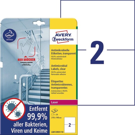 AVERY Antimikrobielle etiketter 210x148 transparent 20 AVERY Antimikrobielle etiketter 210x148 transparent 20