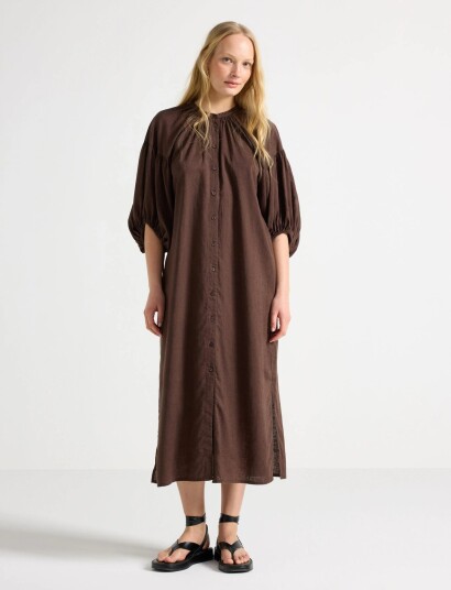 Lindex Midi Dress In Linen Blend Brown L Lindex Midi Dress In Linen Blend Brown L