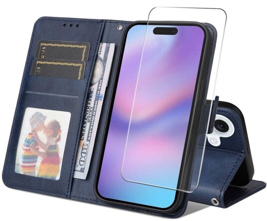 EIDERWOOD iPhone 17 2-i-1 Kunstskinn Flip Deksel med Skjermbeskyttelsesglass Blå