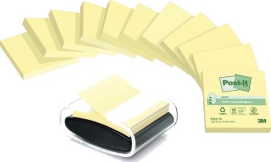 Post It Post It Recycled Gul 76X76mm Inkl. 1 Millenium Dispenser Pakke A 12 Stk