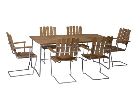 Grythyttan Stålmöbler B31 spisegruppe Teak/galvanisert stål 6 lenestoler & bord 170 x 92 cm