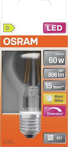 Osram led lyspære e27 classic a60 806lm klar dimbar varmhvit