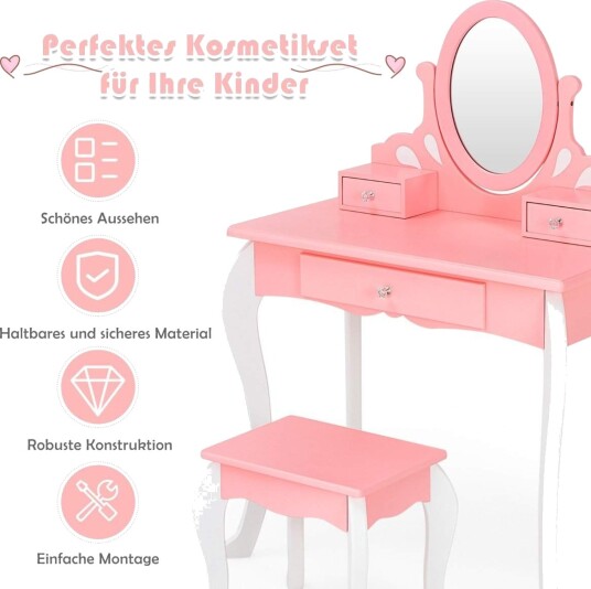 Sminkebord for barn med krakk Princess sminkebord med 3 skuffer & speilrosa