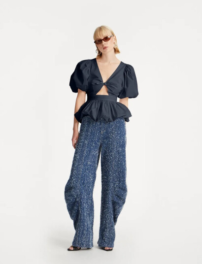 ROTATE Birger Christensen Puff Sleeve Bubble Top - Navy - 40 ROTATE Birger Christensen Puff Sleeve Bubble Top - Navy - 40