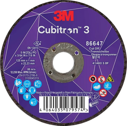 3M 86647, Metallkuttende Skive, Metall, Ceramic Fibre, 12250 Rpm, Rund, 2,22 Cm