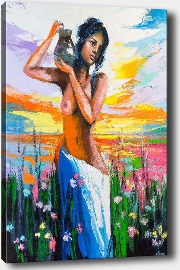 Lerretsbilde 70x100 cm Kvinne som bærer en potte omgitt av blomster og en fargerik himmel ved solnedgang Oransje / Blå / Grønn