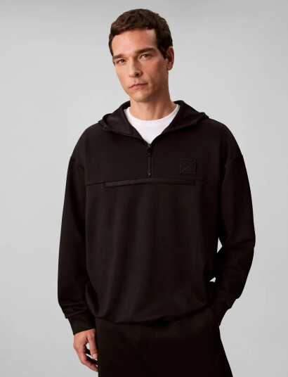 Calvin Klein Heavy Tricot Qtr Zip Anorak Hood   Black   XS