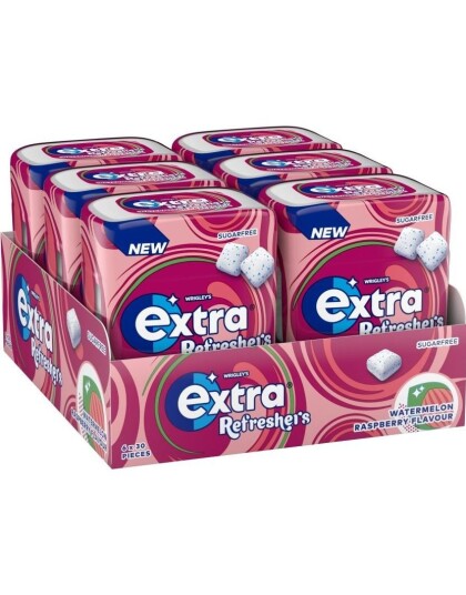 6 stk Extra Refreshers Vannmelon og Bringebær Tyggegummi Boks   Hel Eske 402 gram