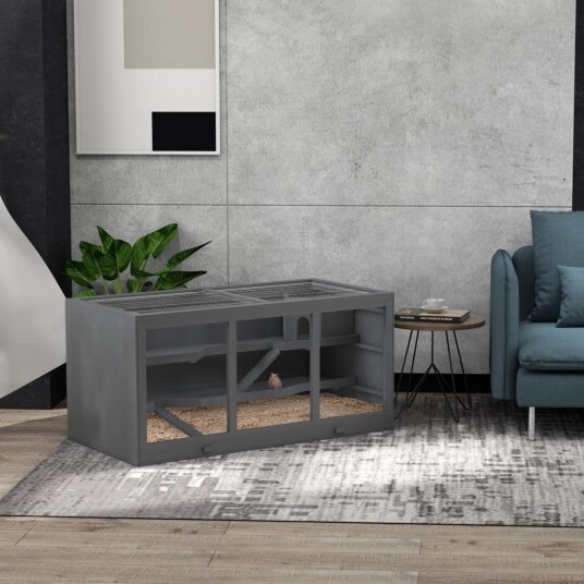 Dverghamsterbur Gnagerbur Smådyrhytte Laget av tre Musebur med trapp Smådyrbur Gnagervilla Tre nivåer Grå 115 x 57 x 55 cm |