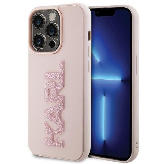 Karl Lagerfeld 3D Gummideksel til iPhone 15 Pro med Glitterlogo - Rosa