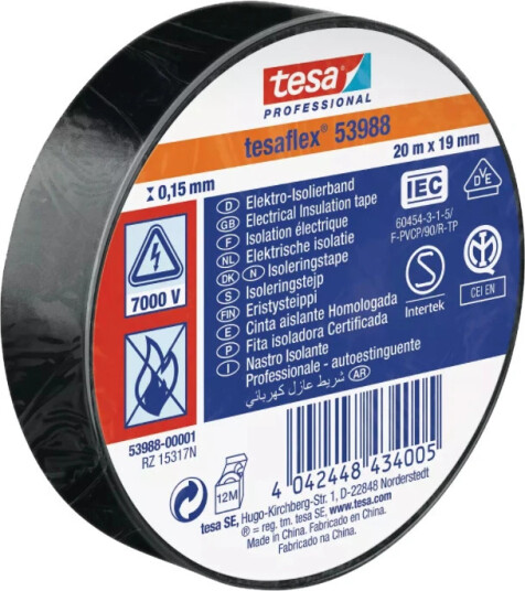 TESA 53988 Isolasjonstape PVC Sort 19mm x 20m