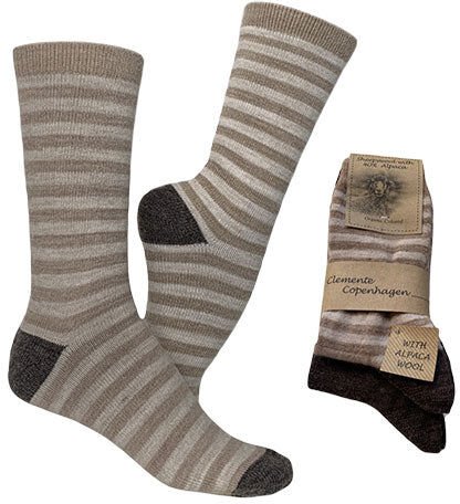 Clemente Alpakka Ullsokker Beigestripet & Mørkebrun Glattstrikkede 2-pk   Str. 43/46