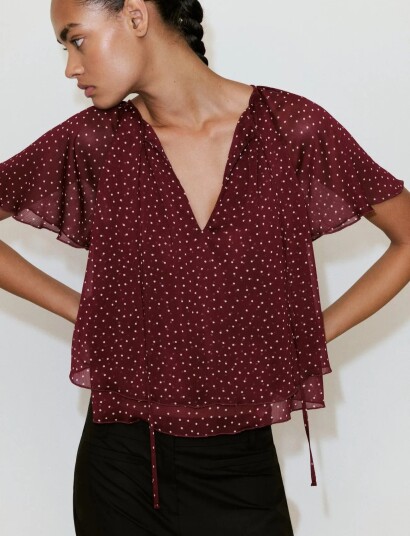 Mango Bow Polka Dot Blouse   Burgundy   S