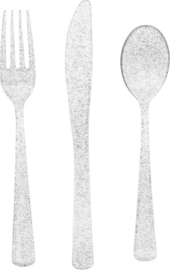 Unique Sett med 18 sølv glitter plast bestikk Basic Jul
