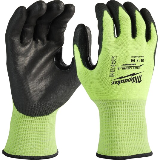 Milwaukee Skjærebeskyttelseshanske 3/C PU Dyppet, CL3/C, Hi-Vis M/8