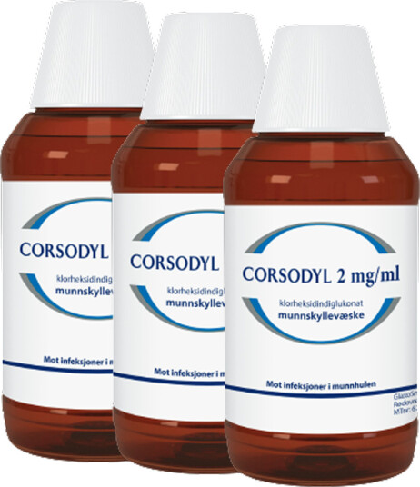 Corsodyl 2 mg/ml Munnskyll x3 3 x 300 ml Corsodyl 2 mg/ml Munnskyll x3 3 x 300 ml