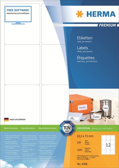 Herma Premium - Papir - Matt - Permanent Selv-Adhesiv - Hvit - 63.5 X 72 Mm 1200 Etikett(Er) (100 Ark X 12) Laminerte Etiketter