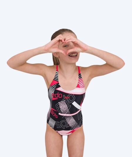 Speedo badedrakt til jenter - Junglespeak Allover Tieback - Svart/rød/rosa
