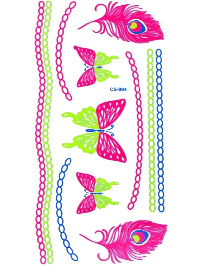 Ark med Fluorescerende Sommerfugl Fjær og Lenke/Kjedetatoveringer UV Fake Tattoo
