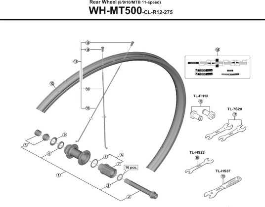 Shimano eiker 272mm lang til bakhjul modell WH-MT500-CL-R12-275