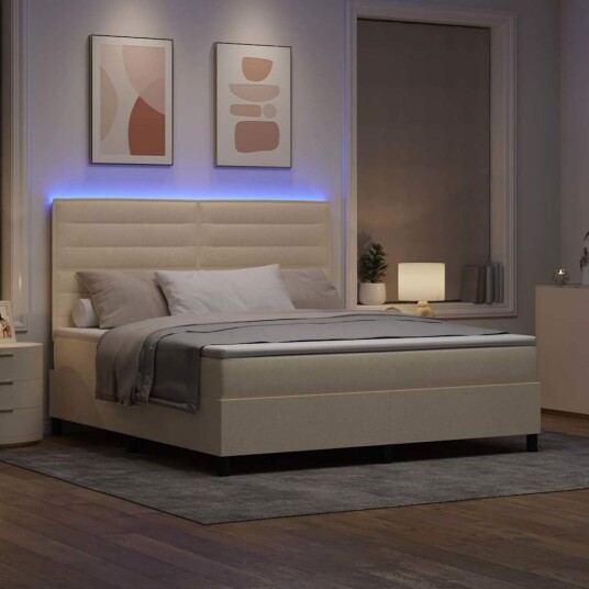 Boksfjæring seng med madrass & LED kremfarge 180x200 cm stoff