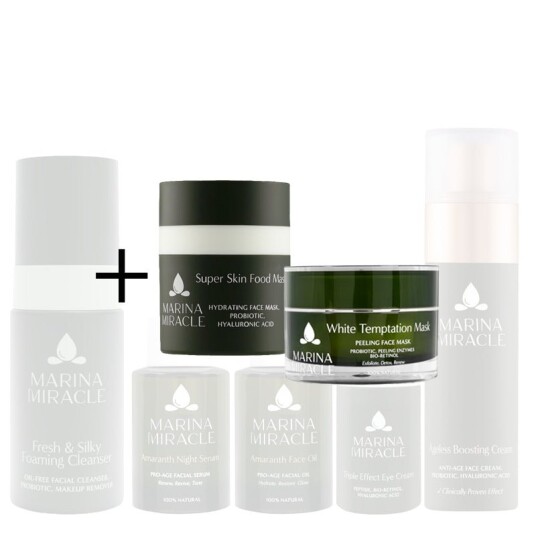 Marina Miracle Stor Hudpleiepakke Anti age for voksen hud Fresh & Silky Foaming Cleanser 100ml / Super Skin Food Mask 30ml + White Temptation Mask 30ml Marina Miracle Stor Hudpleiepakke Anti age for voksen hud Fresh & Silky Foaming Cleanser 100ml / Super Skin Food Mask 30ml + White Temptation Mask 30ml