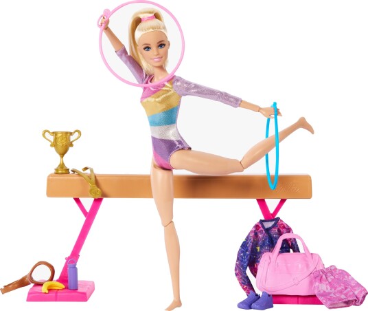 Barbie Gymnastikk lekesett med blond dukke, klær og gymnastikktilbehør