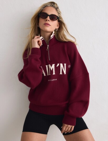 aim´n College Knitted Half Zip Burgundy XL aim´n College Knitted Half Zip Burgundy XL