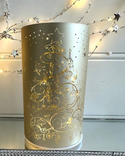 Lyslykt gull med Juletre motiv God Jul og Led-lys