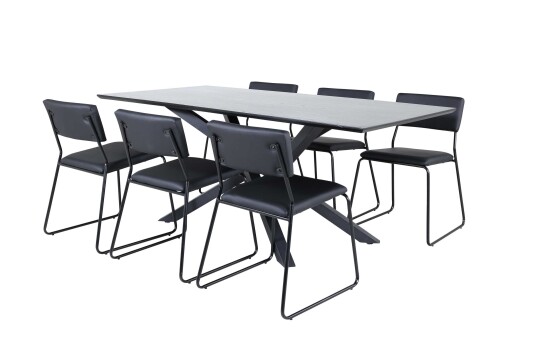 Venture Design Piazza & Kenth spisegruppe Svart/svart 6 stoler & bord 180 x 90 cm