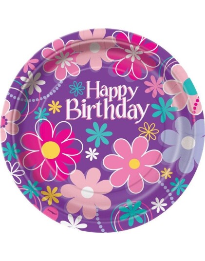 8 stk Lilla Blomstrende Papptallerkener 22 cm Birthday Blossoms