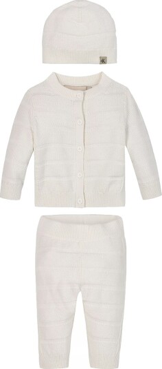 Calvin Klein Sett Cardigan/Bukser/Hatt Rib Strikk Ivory Calvin Klein 2 år 92 Cardigan Hvit