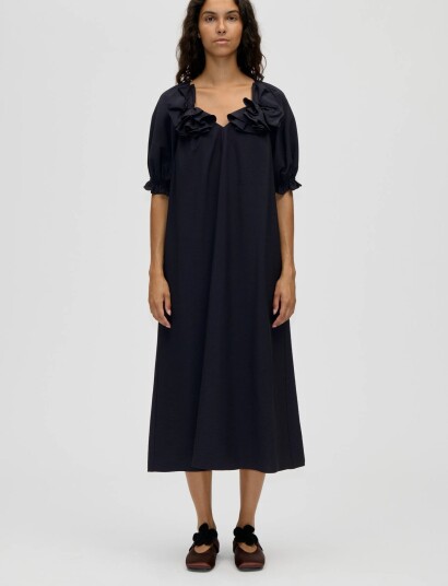 STINE GOYA Solid Viscose Puff Sleeve Detail Long Dress   Navy   XS